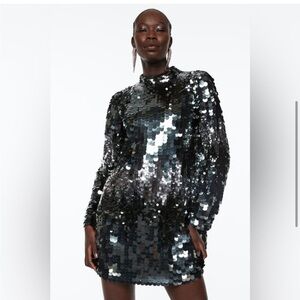 H&M BLACK SILVER DISC SEQUIN OMBRÉ EMBELLISHED LONG SLEEVED MINI DRESS SIZE XL